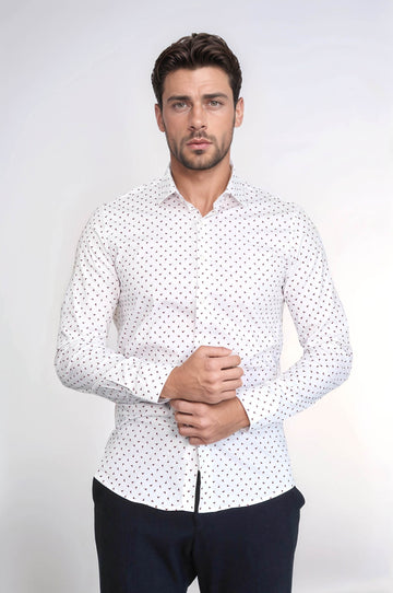 Men’s White Shirt with Minimal Burgundy Pattern – Wessi