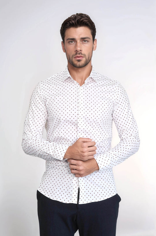 Men’s White Shirt with Minimal Burgundy Pattern – Wessi