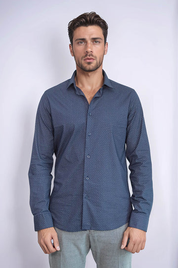 Dark Blue Tiny Check Patterned Slim Fit Shirt - Wessi