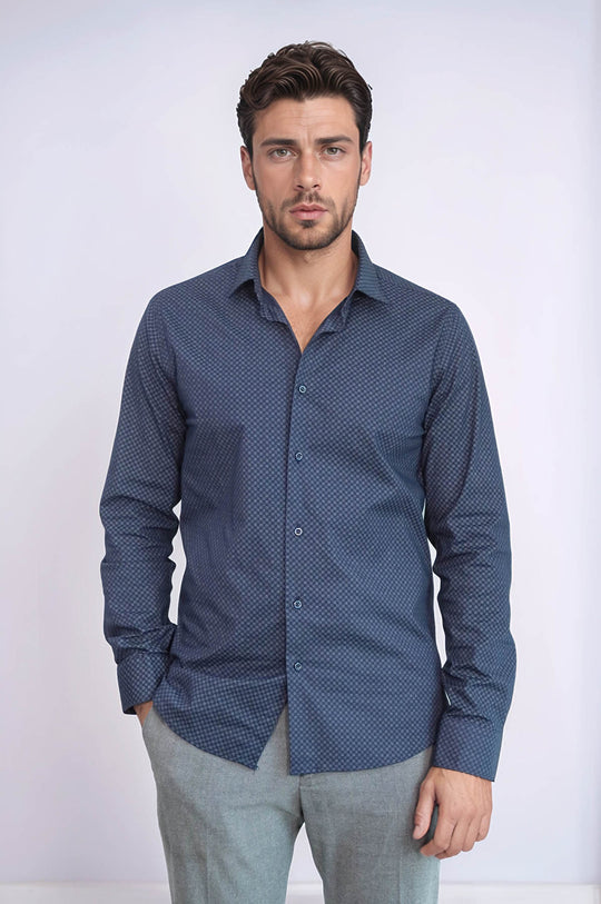 Dark Blue Tiny Check Patterned Slim Fit Shirt - Wessi