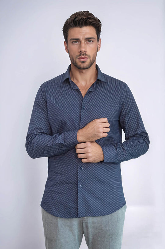 Dark Blue Tiny Check Patterned Slim Fit Shirt - Wessi