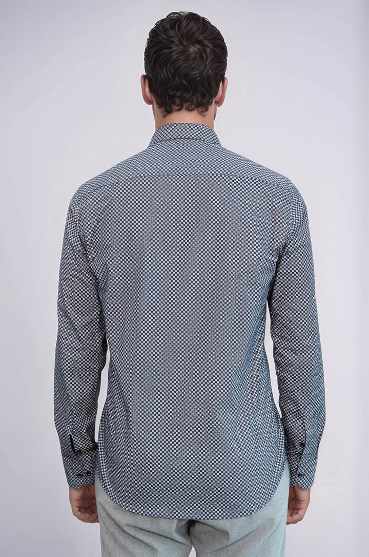 Navy Blue Tiny Check Patterned Slim Fit Shirt - Wessi