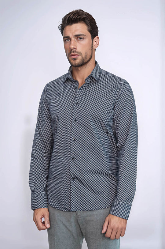 Camisa azul marino con estampado de cuadros pequeños - Wessi