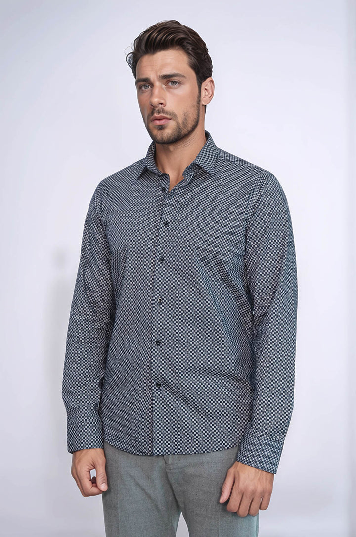 Navy Blue Tiny Check Patterned Slim Fit Shirt - Wessi