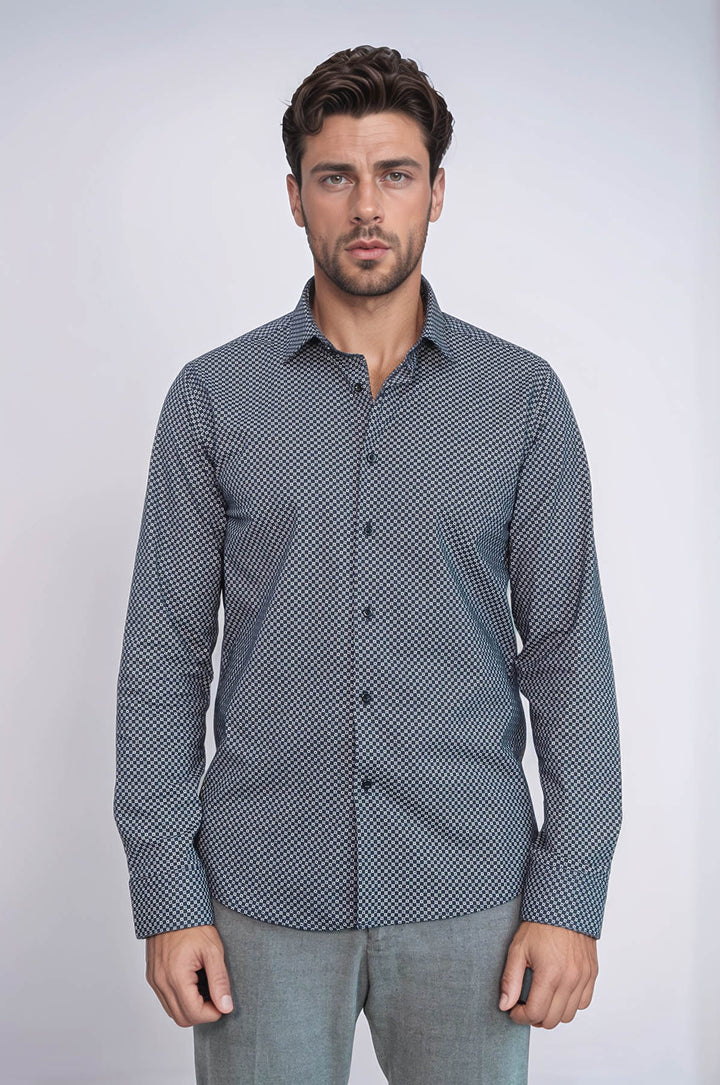 Navy Blue Tiny Check Patterned Slim Fit Shirt - Wessi