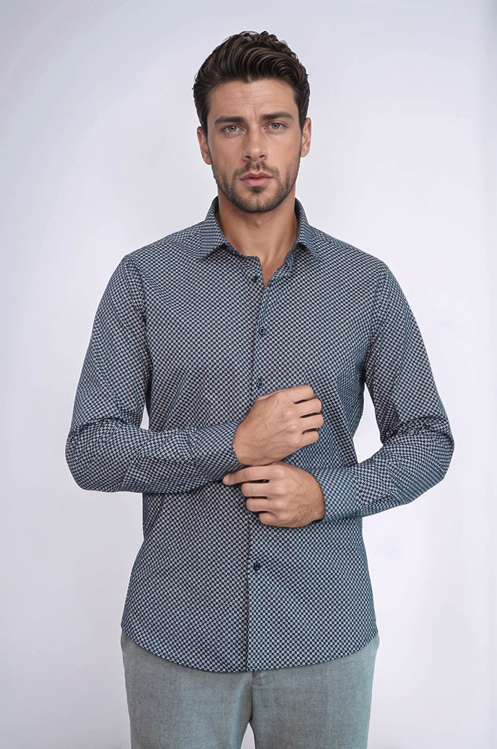 Navy Blue Tiny Check Patterned Slim Fit Shirt - Wessi