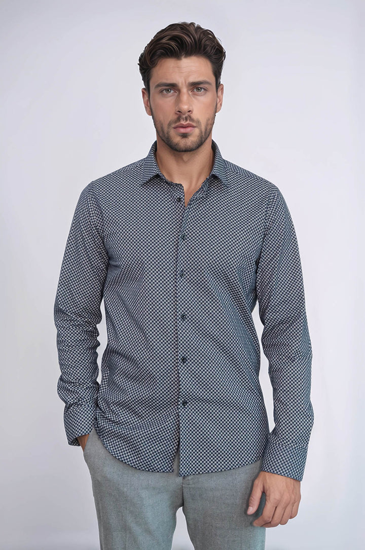 Navy Blue Tiny Check Patterned Slim Fit Shirt - Wessi