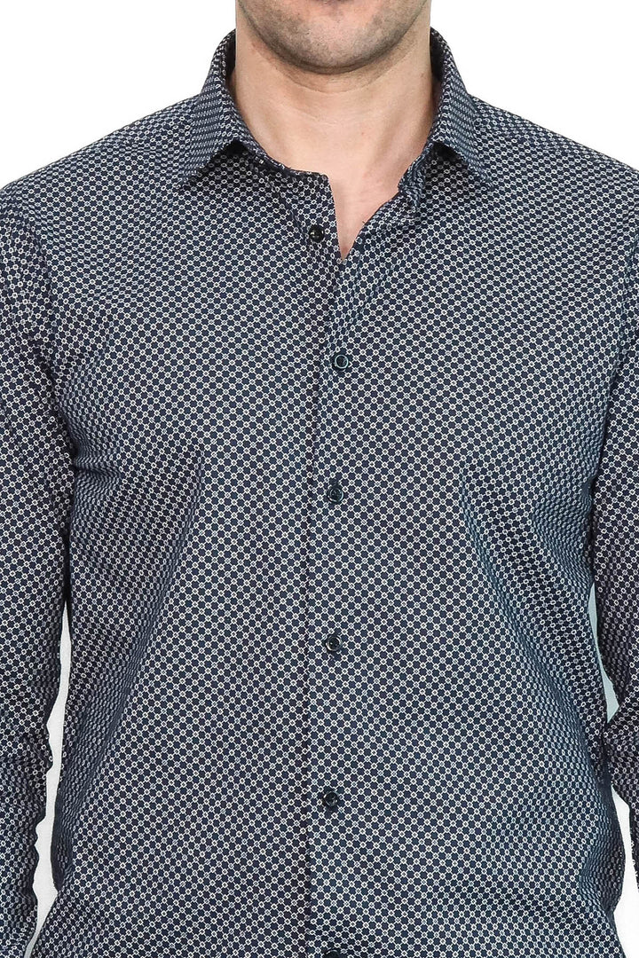 Navy Blue Tiny Check Patterned Slim Fit Shirt - Wessi