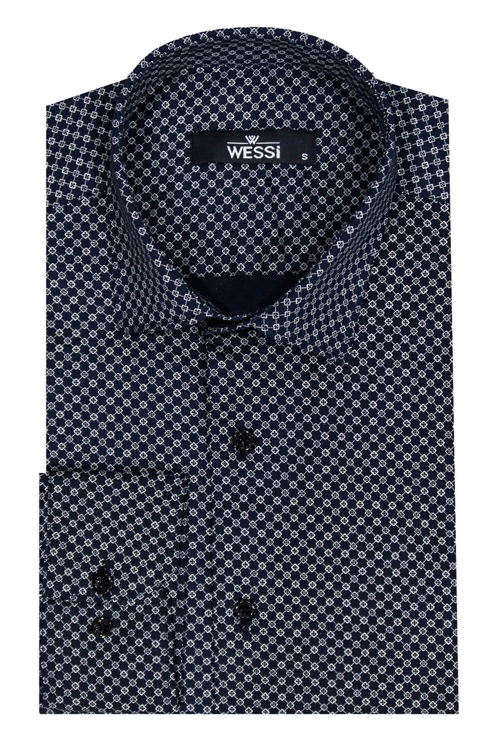 Navy Blue Tiny Check Patterned Slim Fit Shirt - Wessi