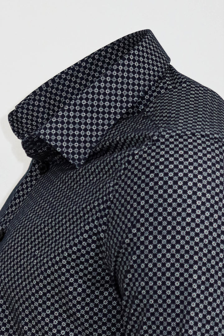 Navy Blue Tiny Check Patterned Slim Fit Shirt - Wessi
