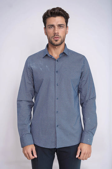 Tiny Check Patterned Slim Fit Blue Men Shirt - Wessi