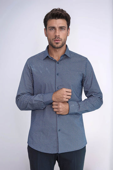 Tiny Check Patterned Slim Fit Blue Men Shirt - Wessi