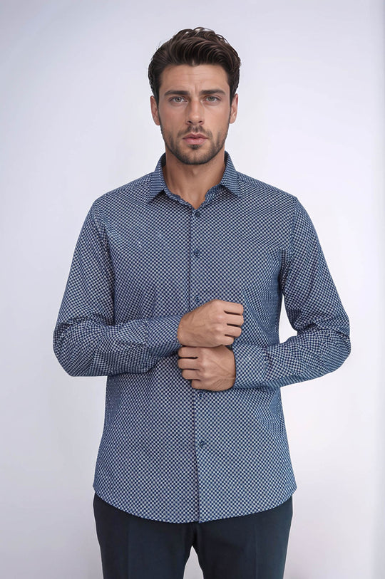 Tiny Check Patterned Slim Fit Blue Men Shirt - Wessi
