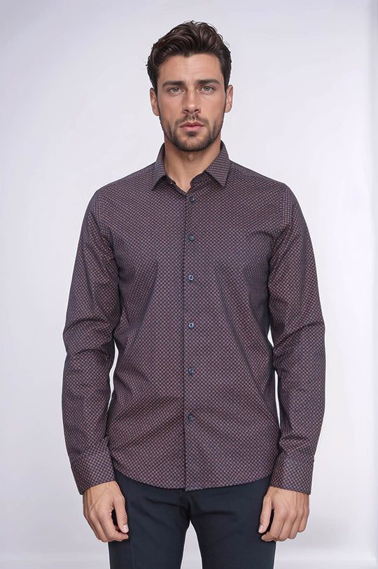 Camisa slim fit con estampado de cuadros pequeños marrón - Wessi