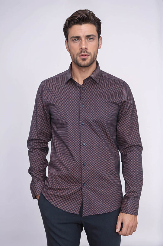 Camisa slim fit con estampado de cuadros pequeños marrón - Wessi