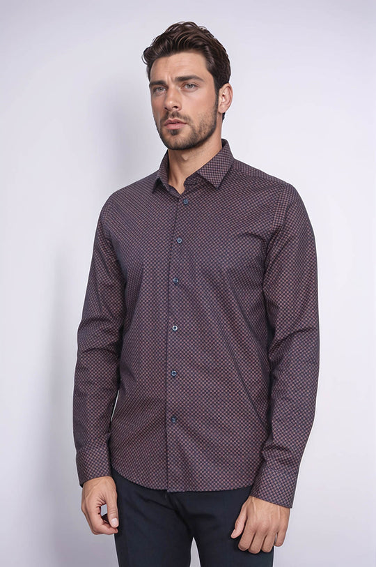 Camisa slim fit con estampado de cuadros pequeños marrón - Wessi