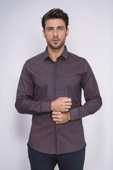 Camisa slim fit con estampado de cuadros pequeños marrón - Wessi