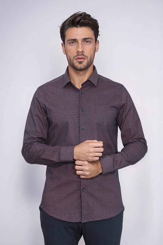 Camisa slim fit con estampado de cuadros pequeños marrón - Wessi