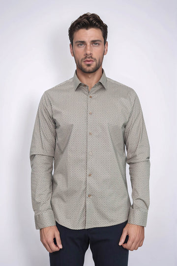 Tiny Check Patterned Slim Fit Light Brown Men Shirt - Wessi