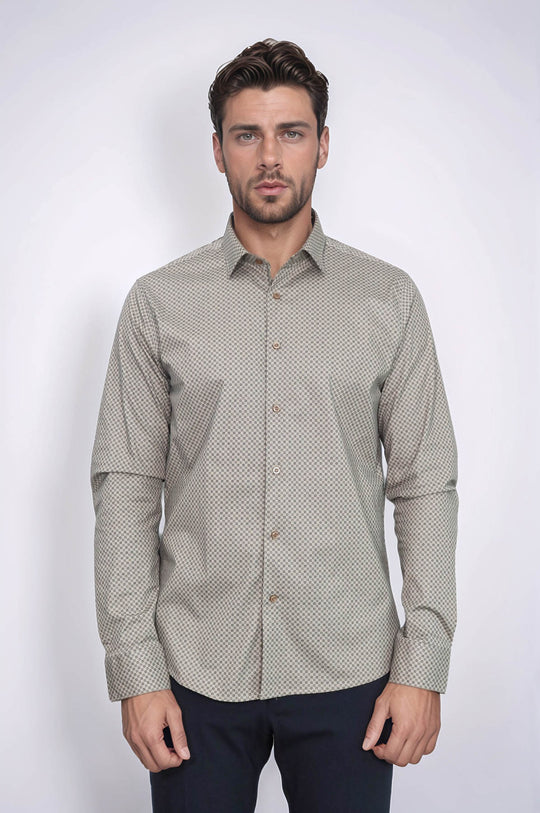 Tiny Check Patterned Slim Fit Light Brown Men Shirt - Wessi