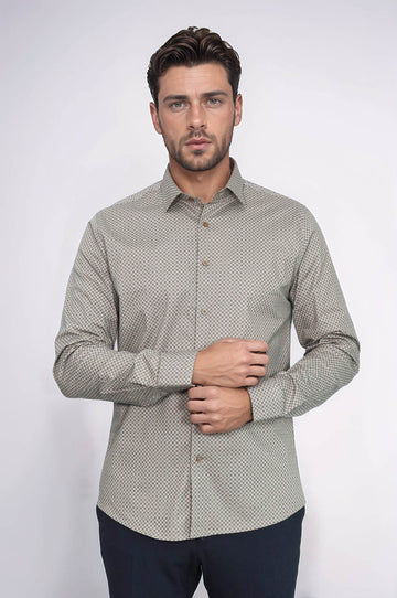 Tiny Check Patterned Slim Fit Light Brown Men Shirt - Wessi