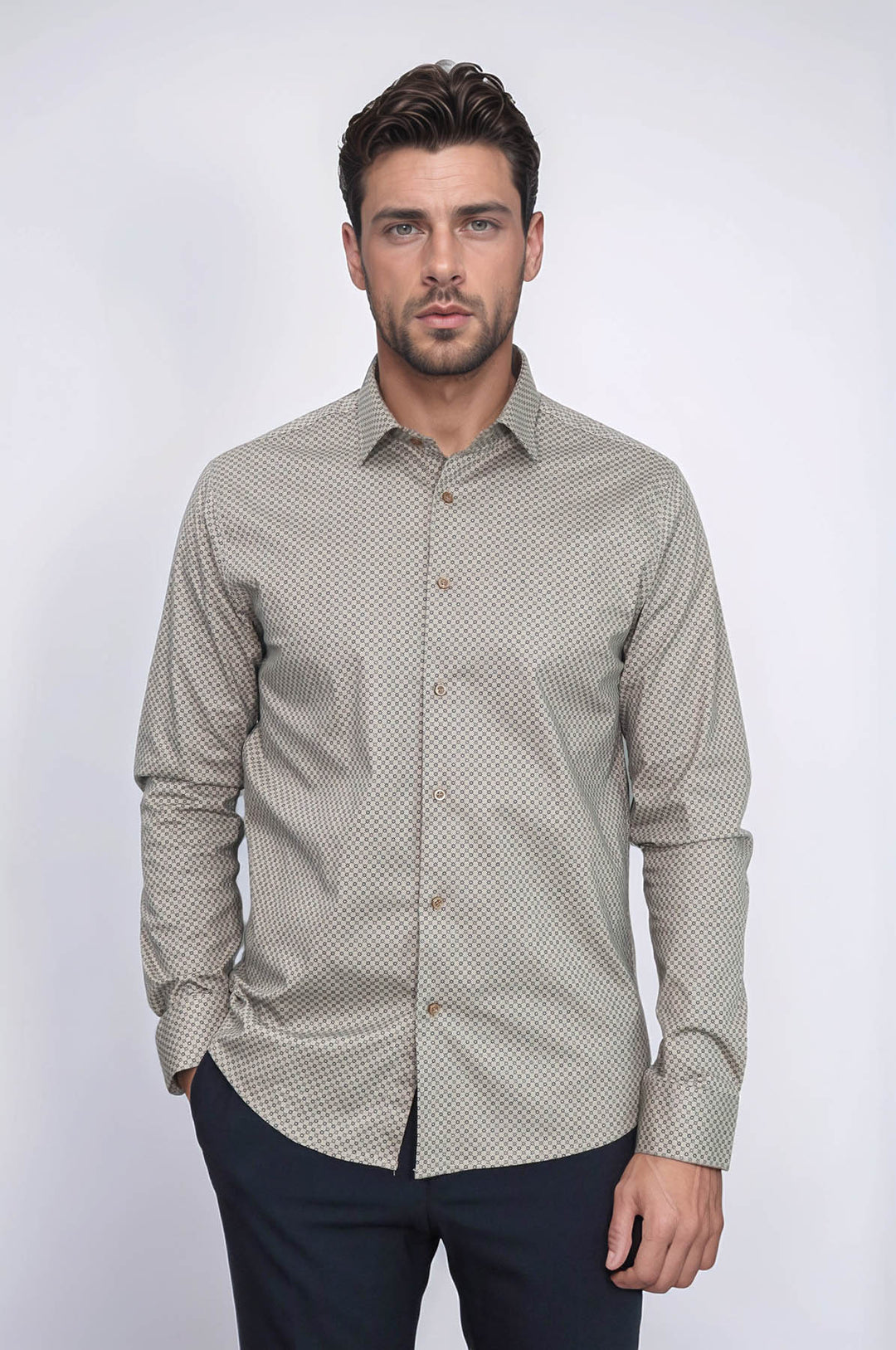 Tiny Check Patterned Slim Fit Light Brown Men Shirt - Wessi