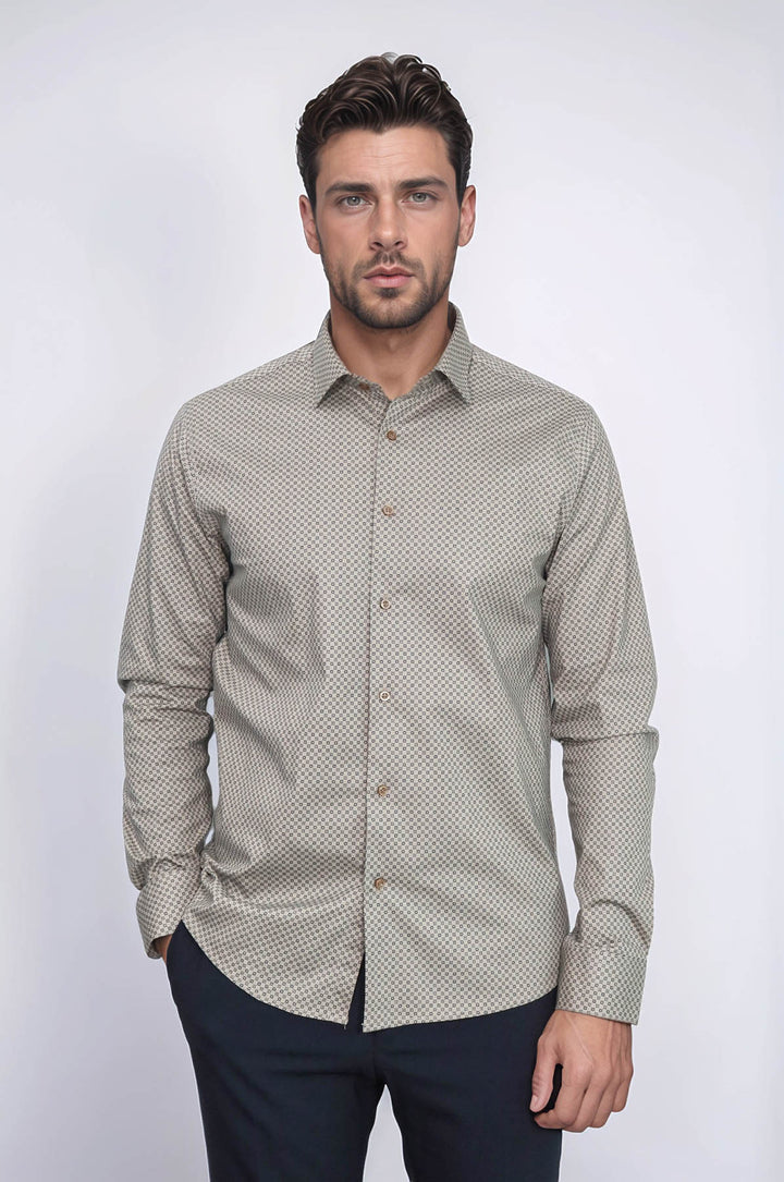 Tiny Check Patterned Slim Fit Light Brown Men Shirt - Wessi