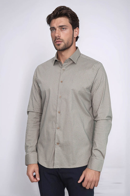 Tiny Check Patterned Slim Fit Light Brown Men Shirt - Wessi
