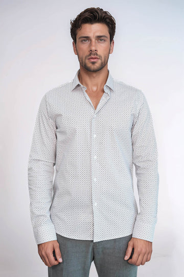 White Tiny Check Patterned Slim Fit Shirt - Wessi