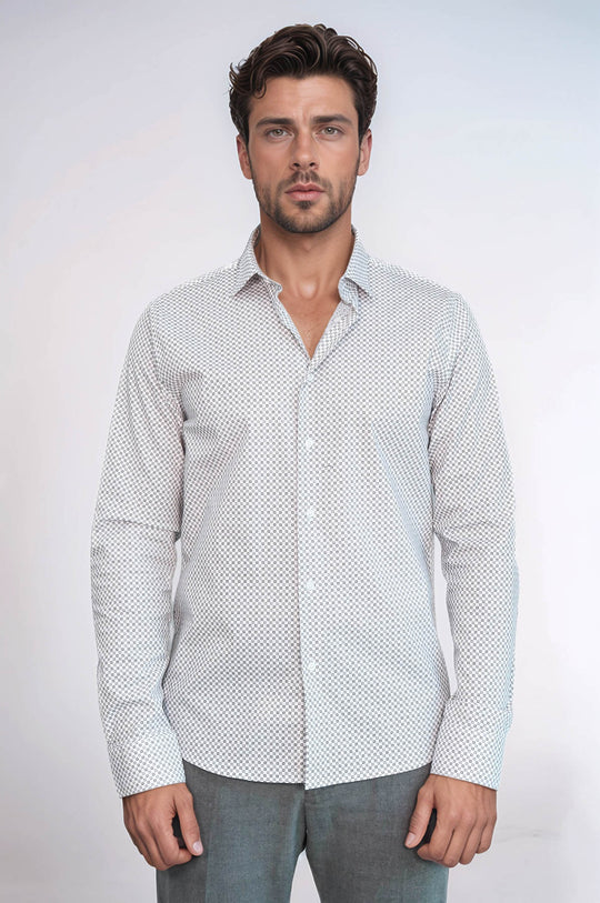White Tiny Check Patterned Slim Fit Shirt - Wessi