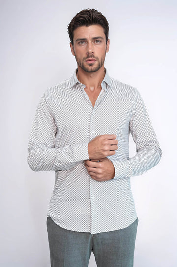 White Tiny Check Patterned Slim Fit Shirt - Wessi