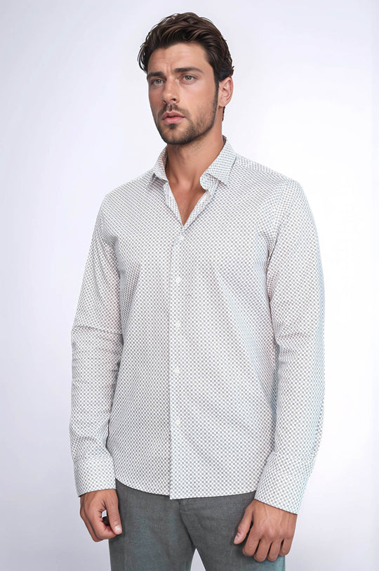 White Tiny Check Patterned Slim Fit Shirt - Wessi