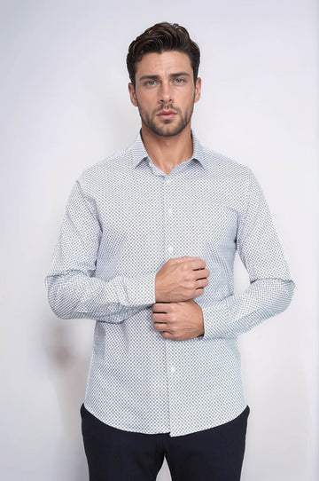 White Tiny Check Patterned Slim Fit Shirt - Wessi