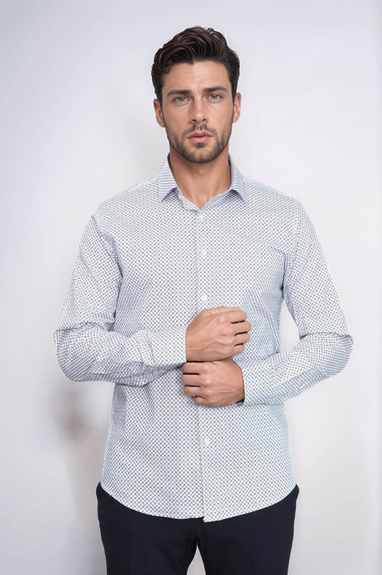 White Tiny Check Patterned Slim Fit Shirt - Wessi
