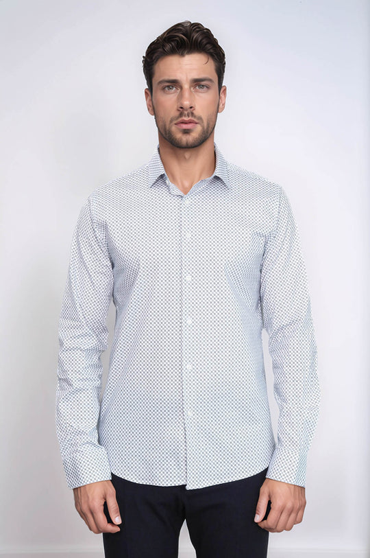 White Tiny Check Patterned Slim Fit Shirt - Wessi