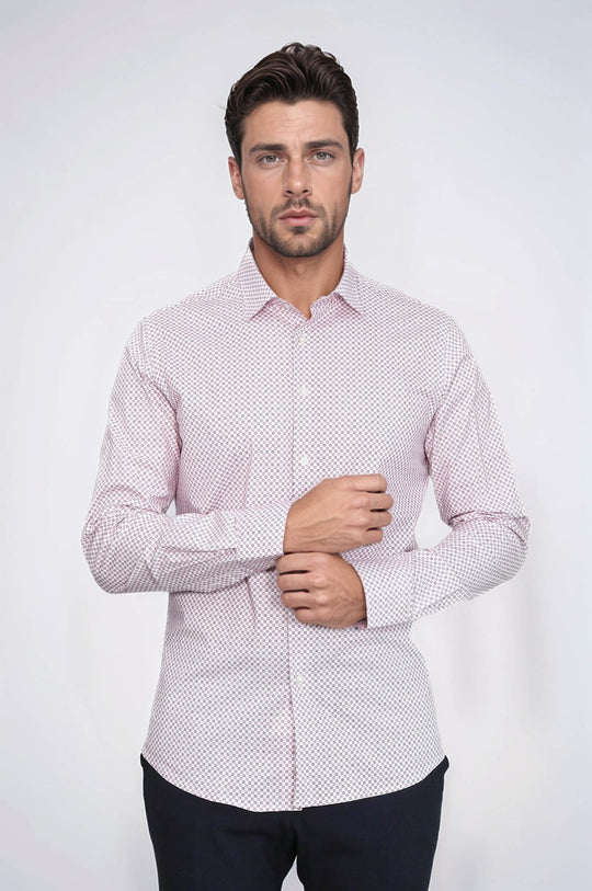 Camisa Hombre Corte Slim Estampado Tiny Checks Rojo Claret - Wessi