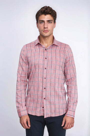 Plaid Slim Fit Burgundy Men Shirt - Wessi