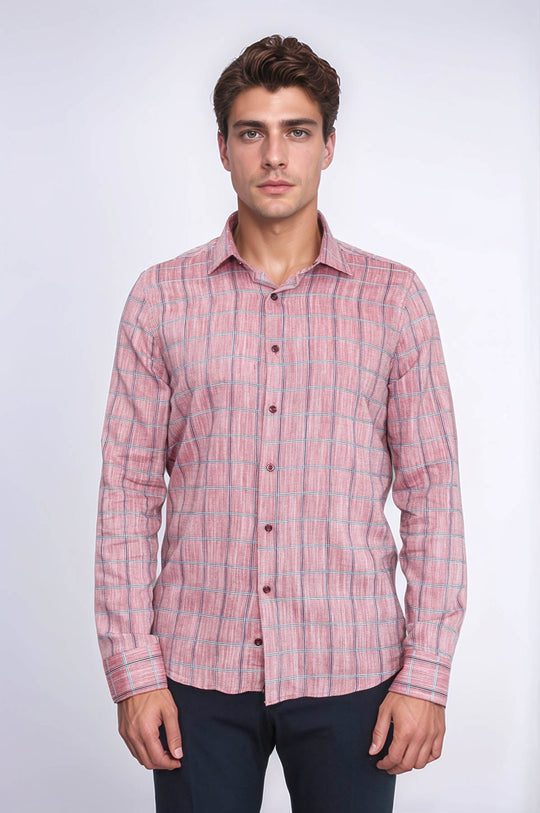 Plaid Slim Fit Burgundy Men Shirt - Wessi