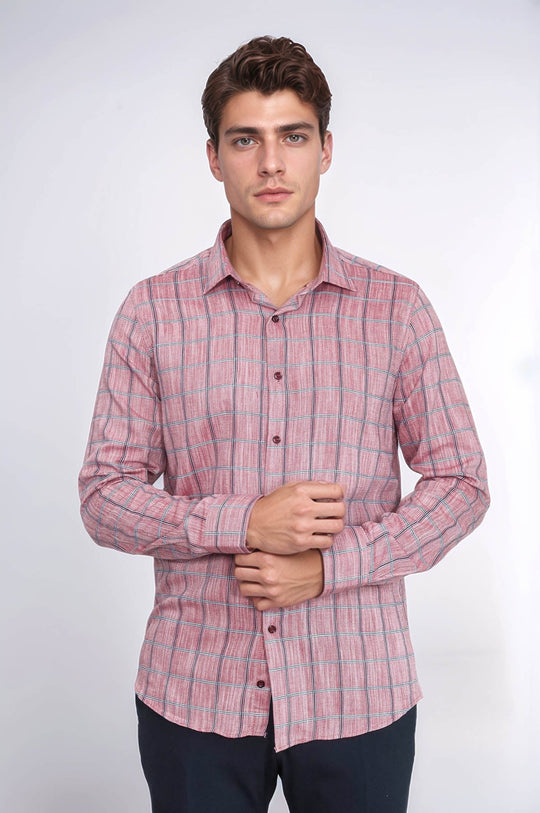 Plaid Slim Fit Burgundy Men Shirt - Wessi