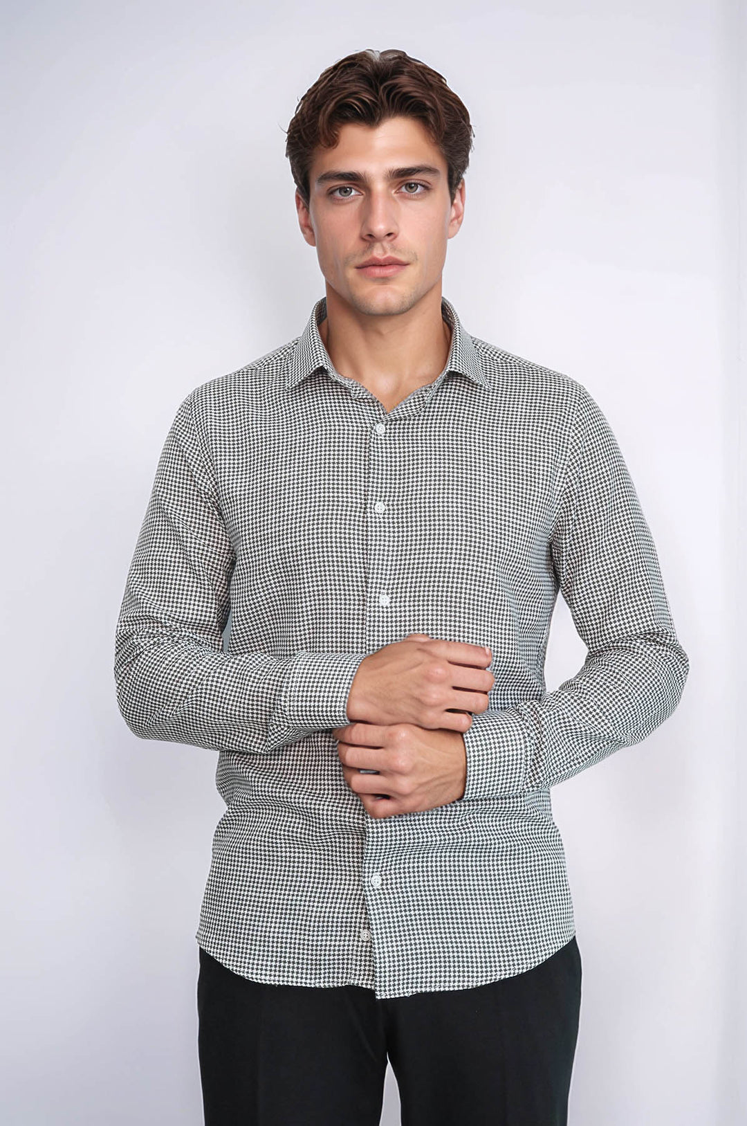 Camicia da uomo verde con motivo pied de poule - Wessi