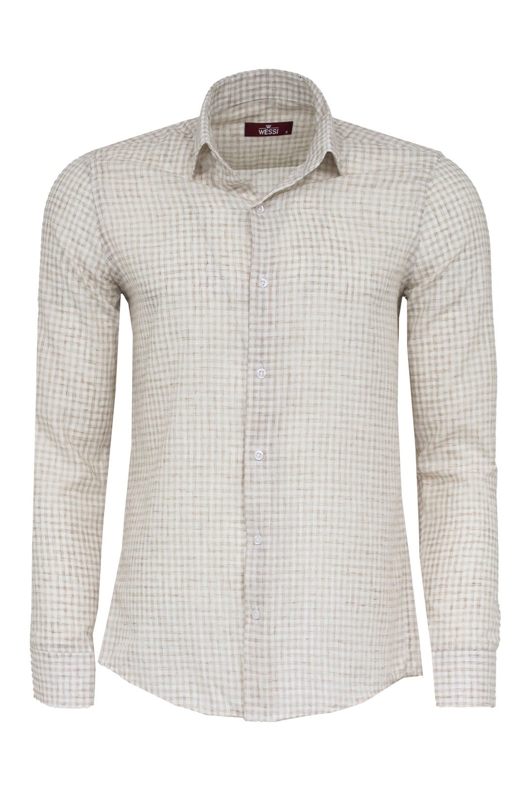 Beige Textured Single-Breasted Blazer with Brown Pants and Checkered Shirt - Casual Business Look