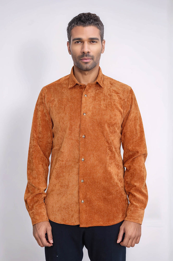 Camicia da Uomo in Velluto Marrone a Maniche Lunghe - Wessi