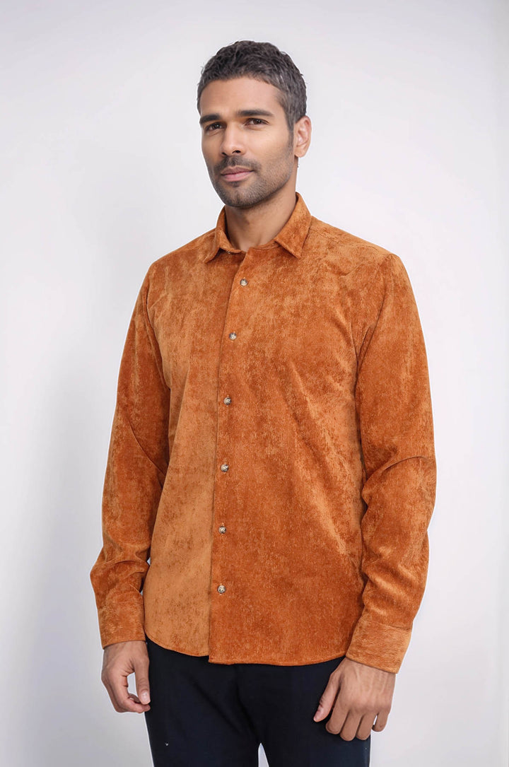 Camicia da Uomo in Velluto Marrone a Maniche Lunghe - Wessi