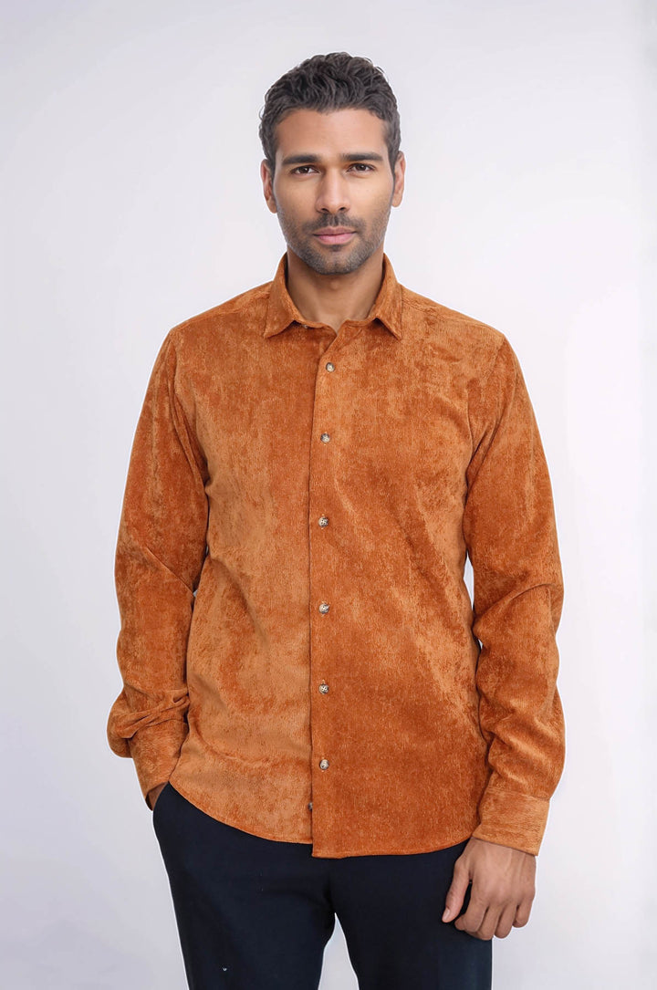 Camicia da Uomo in Velluto Marrone a Maniche Lunghe - Wessi