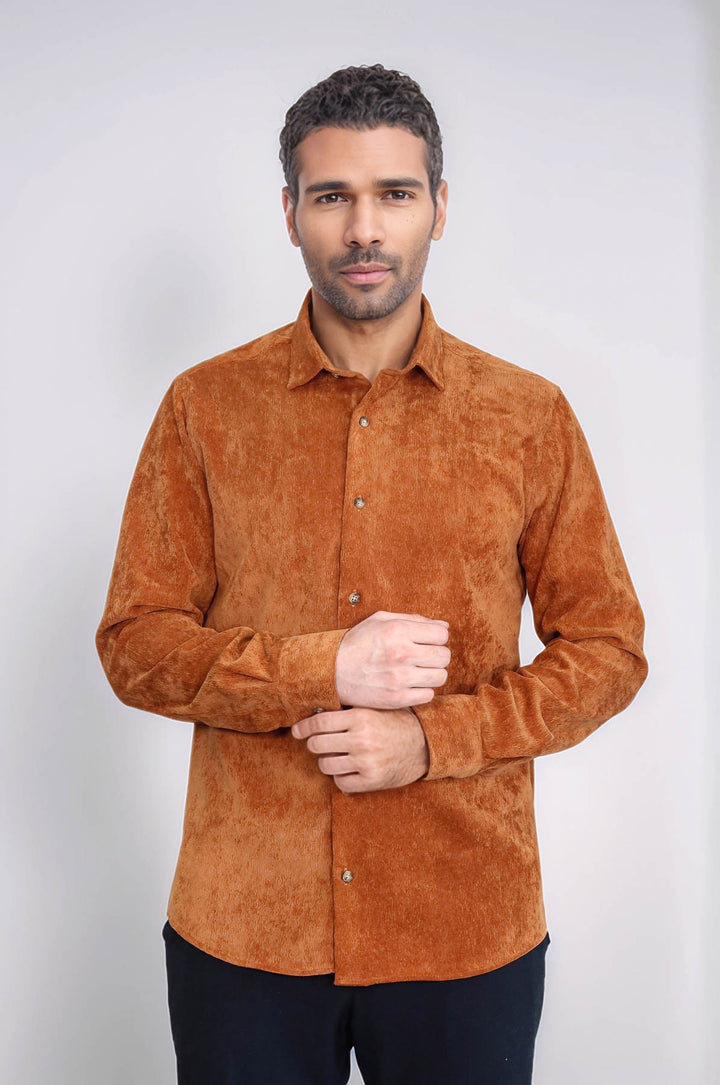 Camicia da Uomo in Velluto Marrone a Maniche Lunghe - Wessi