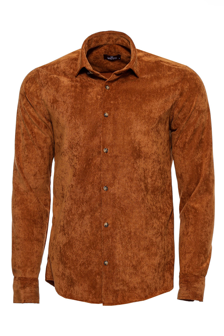 Brown Long Sleeves Velvet Men's Shirt - Wessi