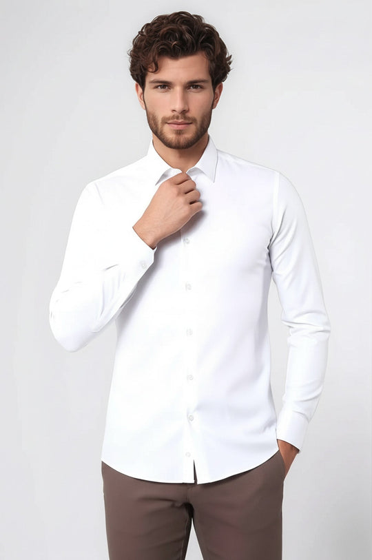 Stretch Cotton White Men Dress Shirt | Wessi