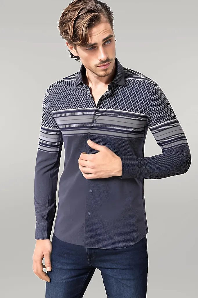 Patterned Navy Blue Men Shirt - Wessi