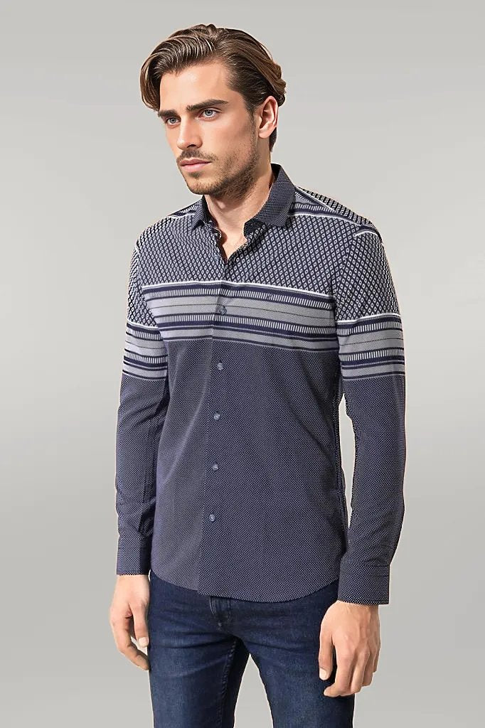 Patterned Navy Blue Men Shirt - Wessi