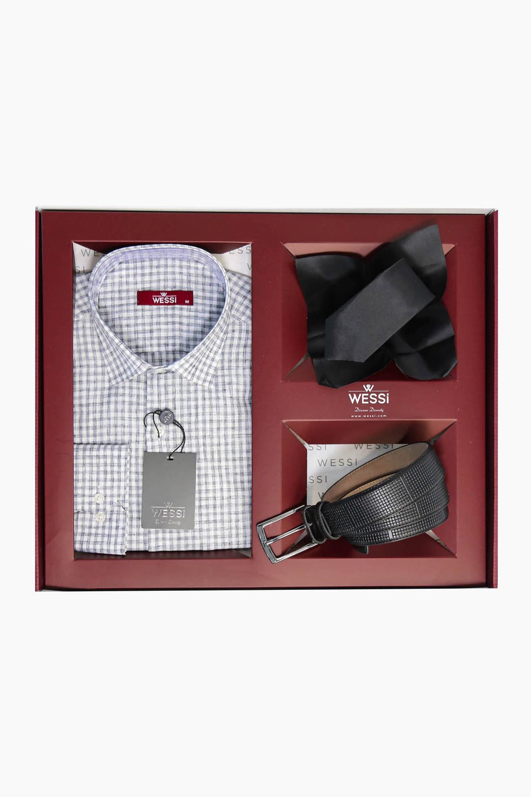 The Dapper Gift Box by Wessi – Includes Black Checkered Shirt, Black Tie & Black Belt